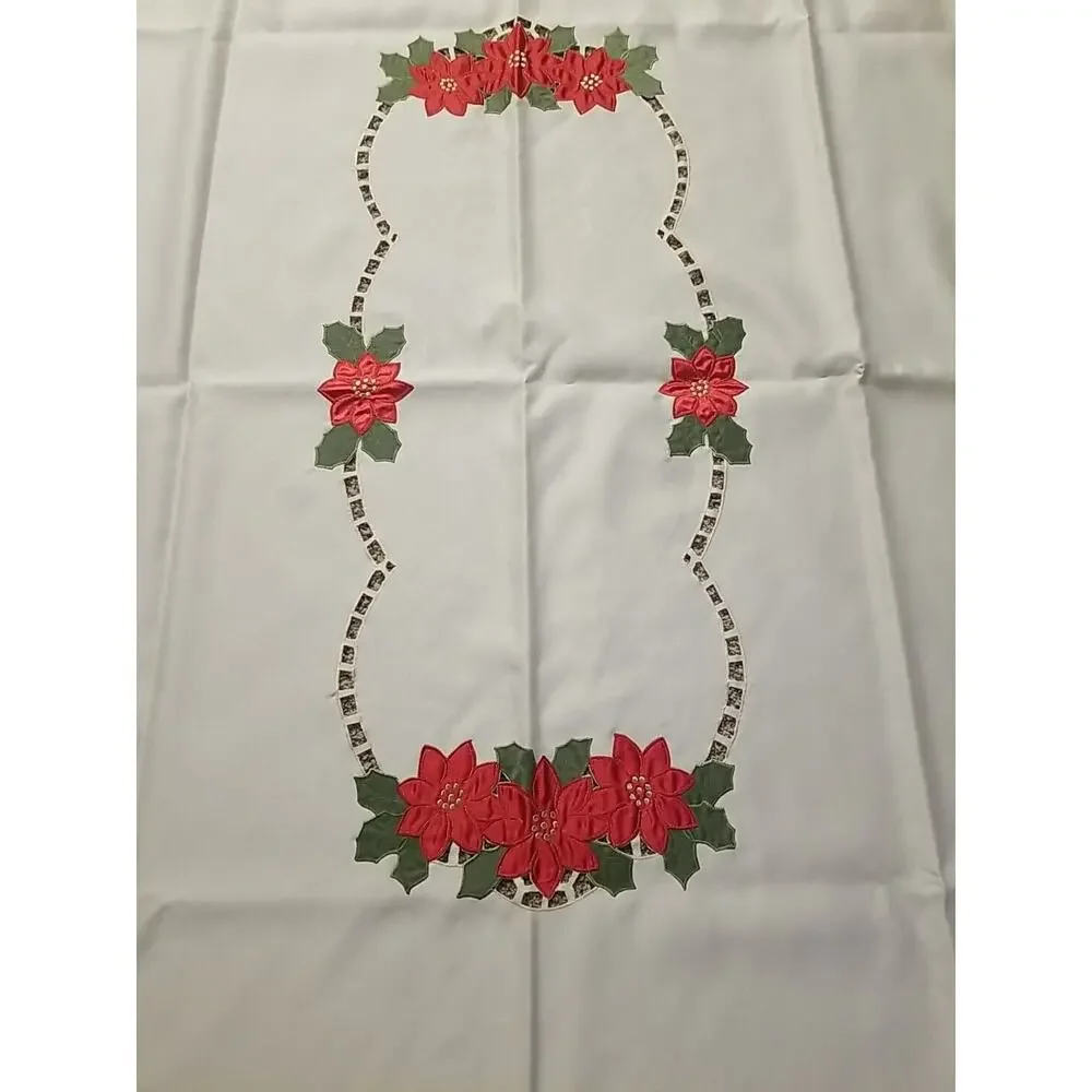 Vtg Poinsettia‎ Applique Christmas Lace Cut Work Tablecloth 52